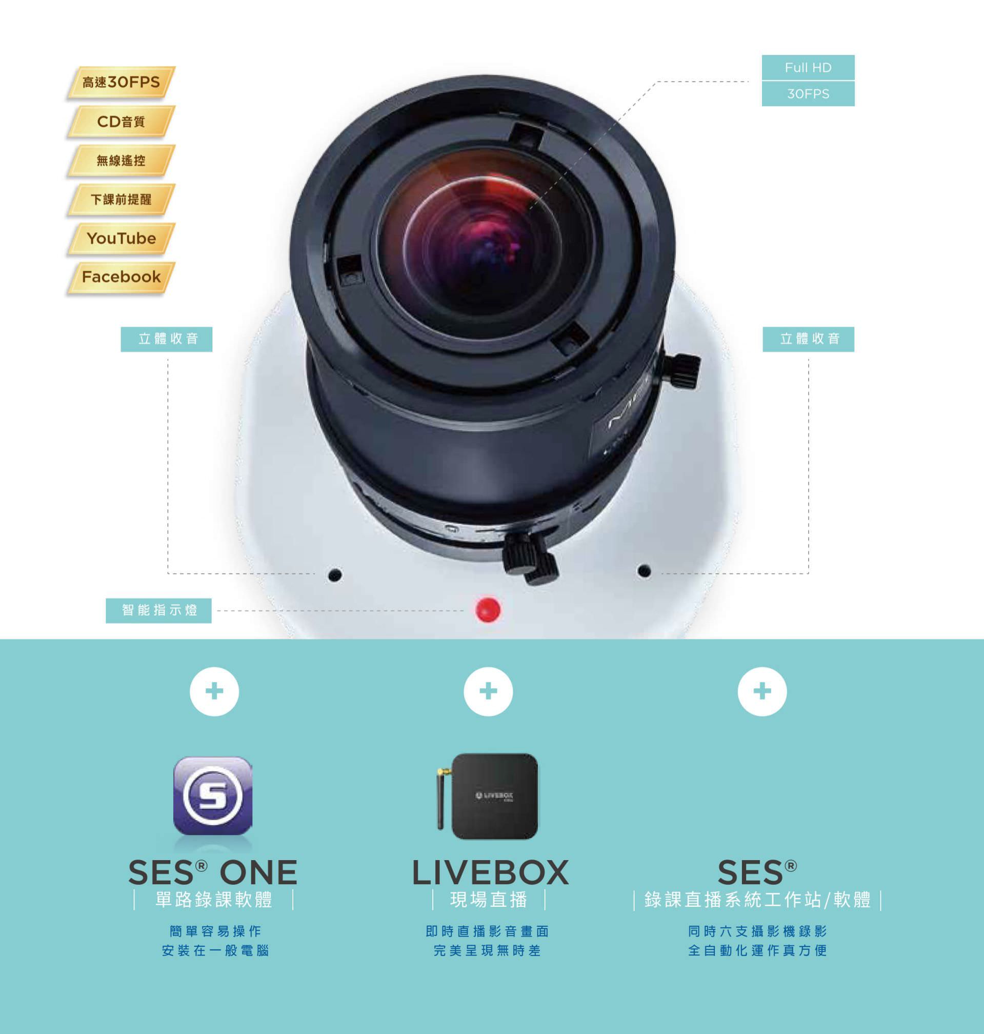 iCam Pro LIVE 摄影机支持 Full HD 高画质与 30FPS 高速拍摄，内置高品质立体收音模块与智能三色指示灯提示上课状态，支持无线遥控与下课前提醒，能与 SES One 录课软件、Livebox 即时直播与 SES 录课系统整合，快速串流至 YouTube 与 Facebook 平台，是课堂拍摄、现场直播与自动录制的专业影音设备。