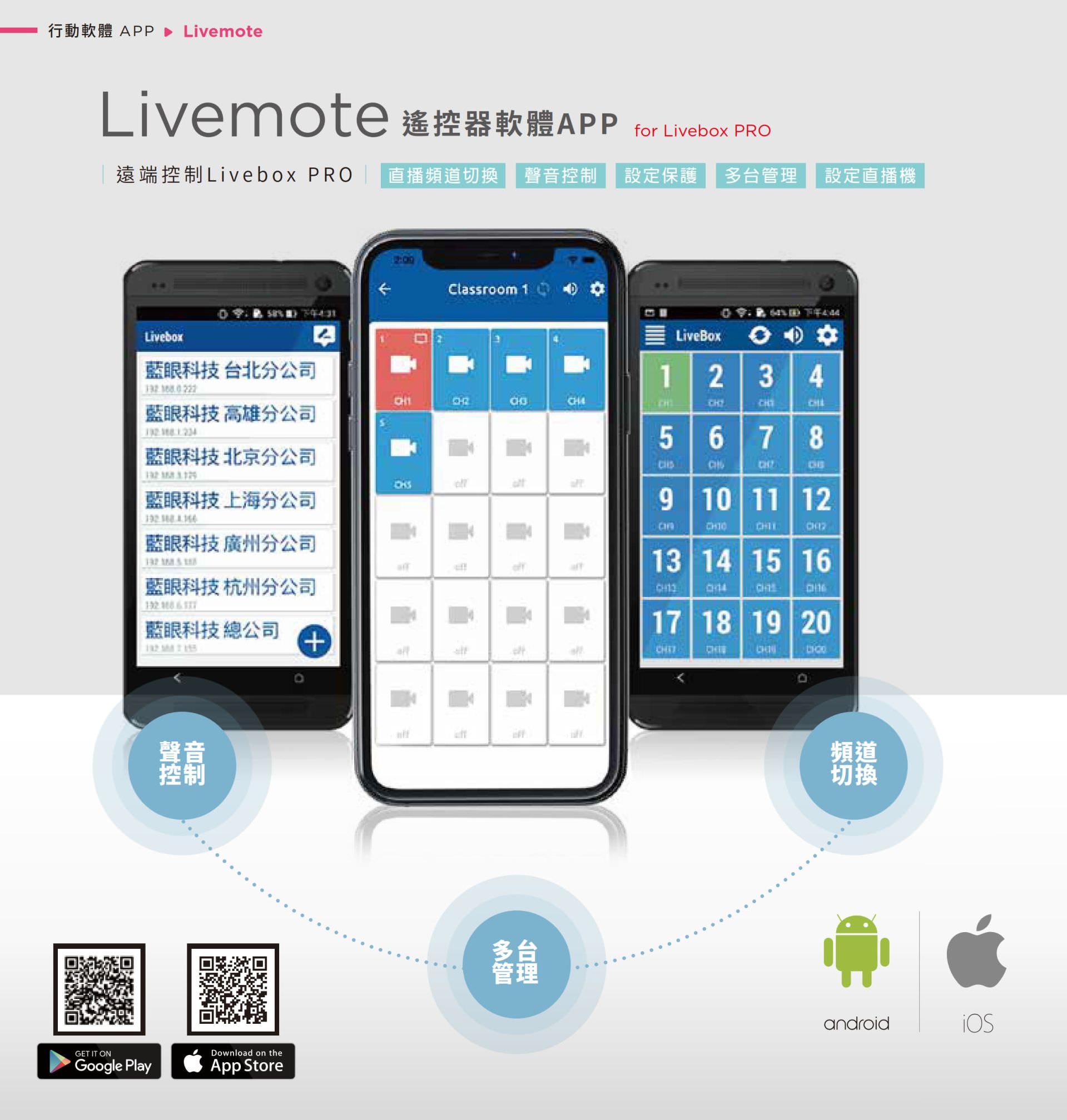 Livemote 是專為 Livebox PRO 設計的行動遙控 APP,支援 Android 與 iOS 裝置,可遠端操作直播頻道切換、音量控制、直播機設定與多台同步管理,操作介面簡潔直覺,支援一鍵開關畫面與頻道快速切換,是教育現場、企業直播與異地多點 Livebox 管理的專業行動遙控工具。