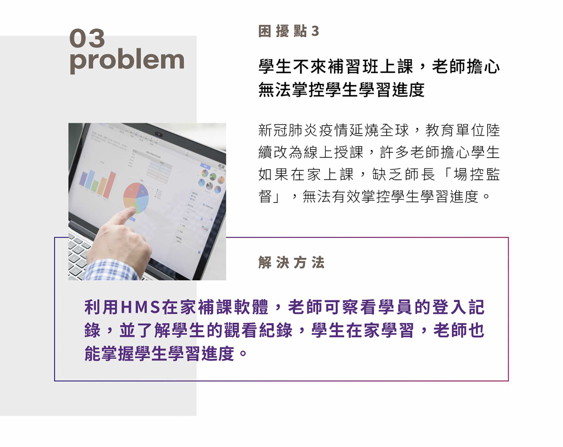 困扰点3，学生不来补习班上课，老师担心无法掌控学生学习进度，新冠肺炎疫情延烧全球，教育单位陆续改为线上授课，许多老师担心学生，如果在家上课，缺乏师长“场控监督”，无法有效掌控学生学习进度。解决方法是利用HMS在家补课软件，老师可察看学员的登录记录，并了解学生的观看纪录，学生在家学习，老师也能掌握学生学习进度。